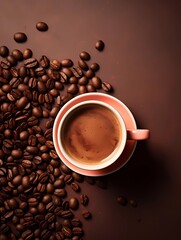 Naklejka premium Coffee background. Top view. Cup of Coffee and coffee beans on a dark background with copy space. Ai Generative