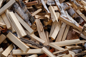 Split fresh birch logs in a pile