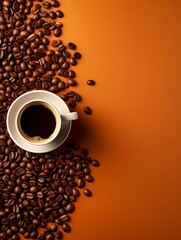 Naklejka premium Coffee background. Top view. Cup of Coffee and coffee beans on a dark background with copy space. Ai Generative