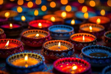 Obraz na płótnie Canvas Happy diwali diya lamps lit up for dipavali Hindu festival of lights celebration