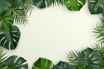 Flat lay background with monstera leaves forming a border and space for text. Horizontal frame. Generative AI