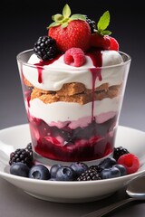 A dessert with berries and whipped cream on a plate. Digital image. Tasty berry parfait.