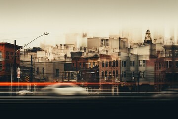 Blurry urban panorama featuring an extensive street bordered by various structures. Generative AI