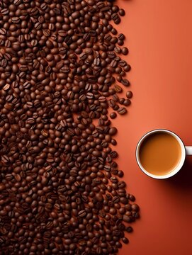 Coffee background. Top view. Cup of Coffee and coffee beans on a dark background with copy space. Ai Generative