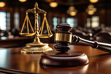 Symbol of Justice Close-Up Gavel on Judge's Desk in a Courtroom, Emphasizing Legal Proceedings, Trials, Attorney Consultations, and Judicial Verdicts in Criminal Cases. created with Generative AI