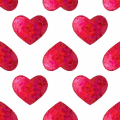 Seamless pattern of red hearts painted with brush strokes isolated on white, textured digital illustration. For wallpapers, backgrounds, fabric, textile, wrapping paper, Valentine's day party supplies