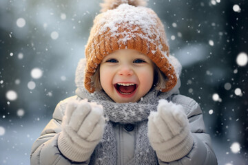 portrait of a child dressed in winter clothes, rejoicing in the first snow and winter