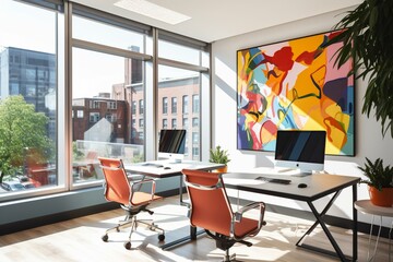 Vibrant office with shared and meeting areas, featuring a spacious window. Generative AI