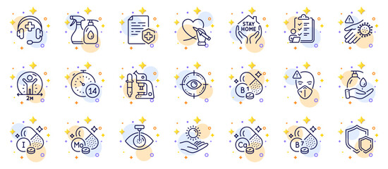 Outline set of Quarantine, Medical mask and Thiamine vitamin line icons for web app. Include Checklist, Wash hand, Social care pictogram icons. Microscope, Eye target, Sun protection signs. Vector