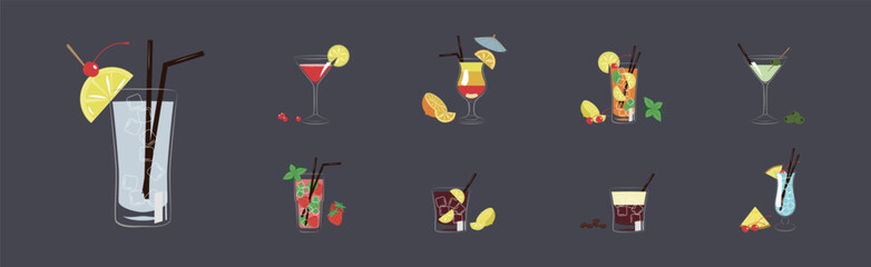 Cocktail Glasses with Straw and Citrus Slice Vector Set