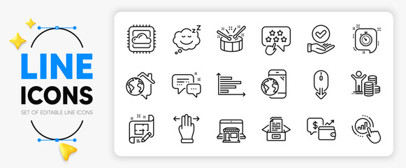 Cloud computing, Documents box and Wallet line icons set for app include Budget profit, Work home, Employees messenger outline thin icon. Sleep, Multitasking gesture. Vector