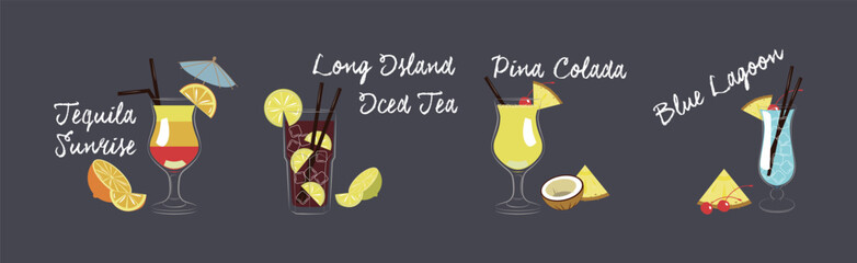 Cocktail Glasses with Straw and Citrus Slice Vector Set
