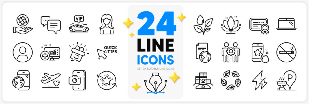 Icons set of Headshot, Grill place and Phone photo line icons pack for app with Star rating, Electricity, Translation service thin outline icon. No smoking, Inventory. Design with 3d stars. Vector