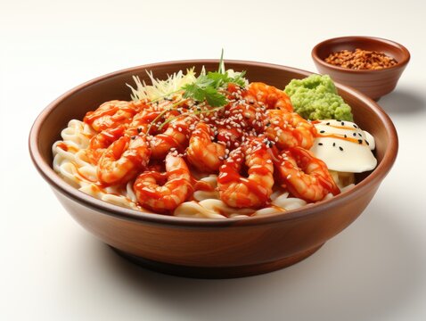 A bowl of noodles with shrimp and sauce. Digital image.