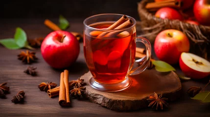 Deurstickers Apple cider in a glass mug, surrounded by apples and cinnamon sticks. © Kosal