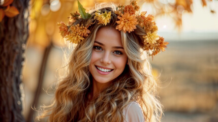 Fototapeta premium woman in a crown of autumn flowers. Generative AI