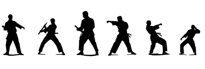 Several silhouettes of a person doing karate, white background, black and white, flat 2d vector.