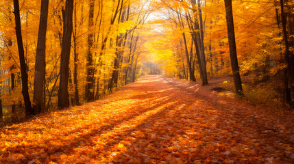 Autumn leaves carpeting a quiet forest path.