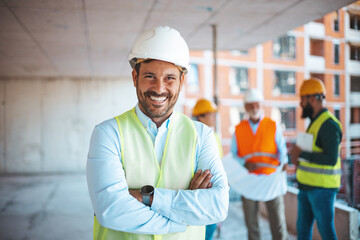 Portrait of man architect at building site with folded arms looking at camera. Confident...