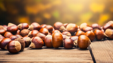 Close-up of acorns on a rustic wooden table.