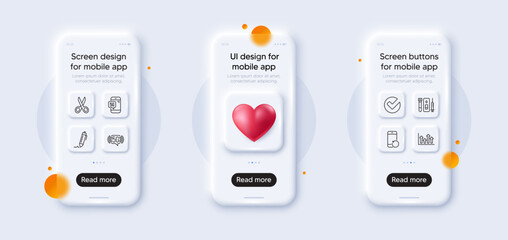 Signature, 5g phone and Blood and saliva test line icons pack. 3d phone mockups with heart. Glass smartphone screen. 5g wifi, Recovery phone, Cut web icon. Upper arrows, Verify pictogram. Vector