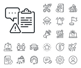 Attention task sign. Salaryman, gender equality and alert bell outline icons. Clipboard document line icon. Survey caution symbol. Clipboard line sign. Spy or profile placeholder icon. Vector