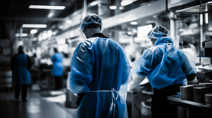 Healthcare workers in a busy hospital, shot in high-contrast monochrome to emphasize intensity.