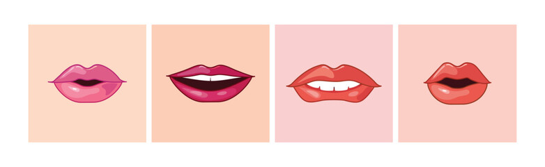 Different Woman Lips Icon of Pink and Red Color Vector Set