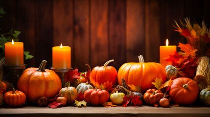 Thanksgiving dinner table with golden candles, pumpkins, and autumn decor.