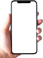 Smartphone held in a hand. The Background and Phone screen is transparent cut out for customization.