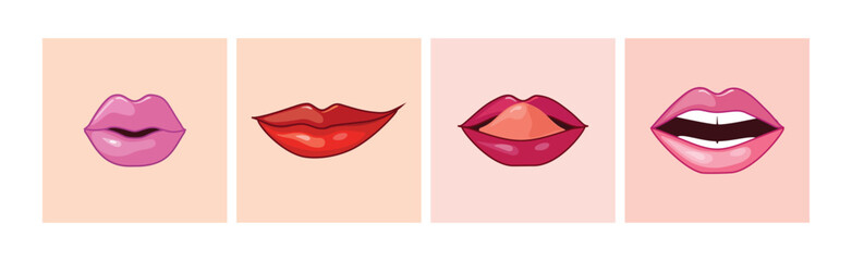 Different Woman Lips Icon of Pink and Red Color Vector Set