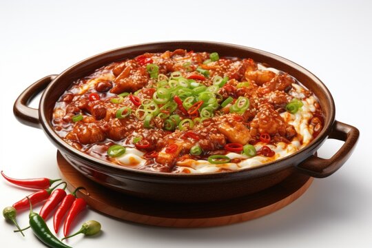A bowl of food with meat and vegetables. Digital image. Sichuan hotpot dish.