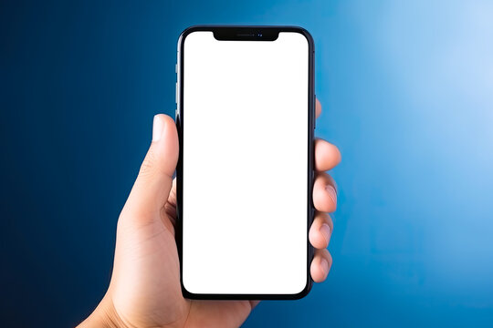 Smartphone On A Generic Blue Background. Phone Screen Is Transparent Cut Out For Customization.