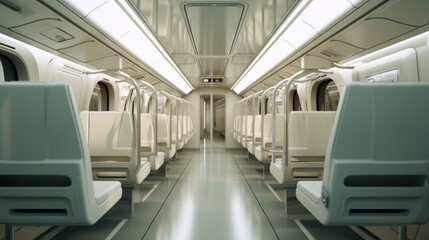 A long empty train car with no people on it. Digital image.