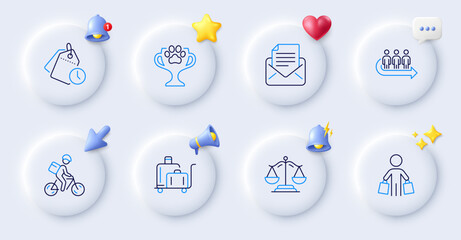 Time management, Queue and Mail correspondence line icons. Buttons with 3d bell, chat speech, cursor. Pack of Winner cup, Luggage trolley, Justice scales icon. Delivery bike, Buyer pictogram. Vector