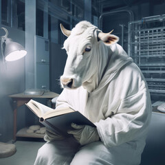 A man-cow works in a dairy factory
