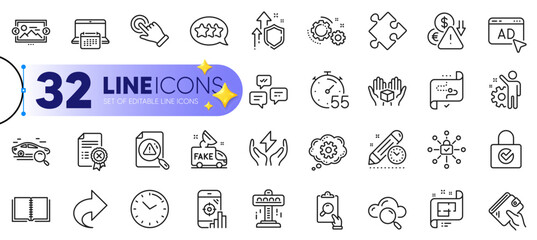 Outline set of Seo phone, Cogwheel and Cloud computing line icons for web with Password encryption, Share, Deflation thin icon. Improving safety, Ad, Security lock pictogram icon. Vector