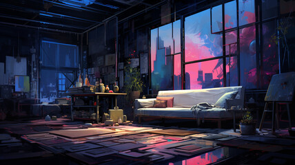 painting bed room with extreme nightmare night generative ai