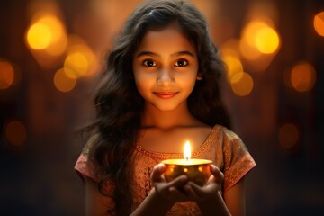 Happy Diwali Festival of lights, Cute Indian little girl holds Diwali diya for Diwali Celebration