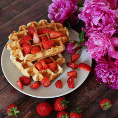waffles with strawberries and peonies