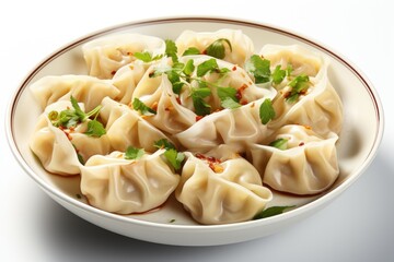 A white bowl filled with wonton dumplings covered in sauce. Digital image.
