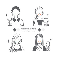 ワインを楽しむ若い女性の線画イラストセット　シンプルでお洒落な線画イラスト