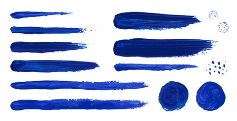 ブラシで描いた、いろいろな線や円のグラフィックセット　青色