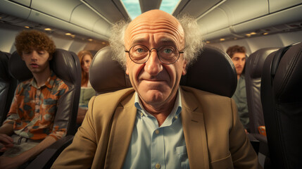 mobile selfie of an old bossiness man in a modern airplane seat, ai generated.