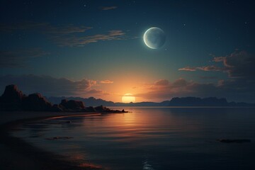 A crescent moon glows over the seascape. Generative AI
