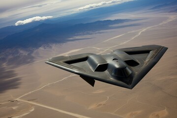 B2 Spirit stealth bomber flying over Nevada. Generative AI
