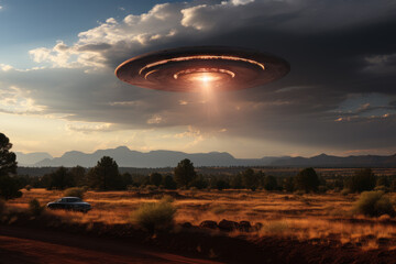 ufo, landscape and clouds by the mell, arizona, ai generated.