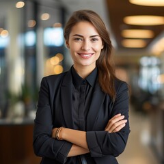 Naklejka premium Smiling confident businesswoman with arms crossed. Successful mature businesswoman. Generative AI