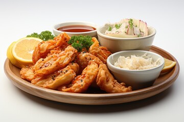 A plate of food that includes shrimp, rice, and a lemon wedge. Digital image. Tempura, Japanese fried food.
