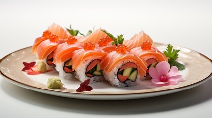 A plate of sushi with salmon and avocado. Digital image.
